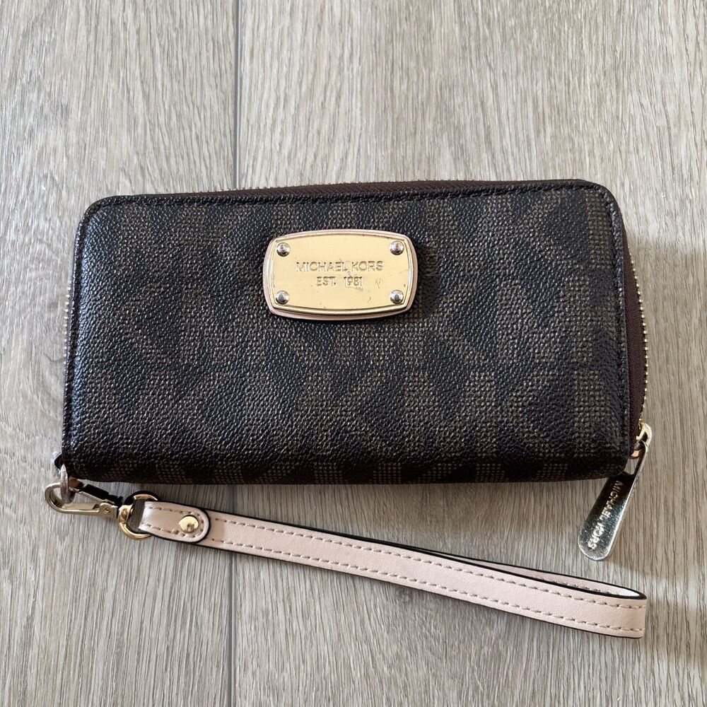 Michael Kors Jet Set Logo Brown PVC Zip Around Continental Wallet Y2K 90s Travel